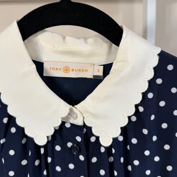 Tory Burch Navy Polka Dot silk Dress w/ white scalloped collar size 2 LIKE NEW - Picture 7 of 16